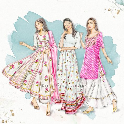 Traditional Wear Illustration, Ethnic Wear Illustration, Indian Wear Illustration, Formal Dress Designs, Dress Illustration Art, Dresses Drawing, Western Dresses For Women, Fashion Illustration Collage, Fashion Design Books