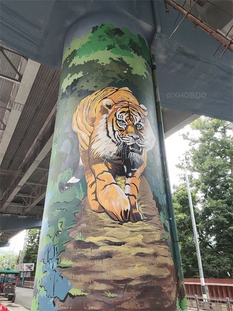 Tiger wall mural at pillars of Nilachal Flyover-International Tiger Day World Tiger Day, Tiger Day, Sky Watch, School Murals, 30 August, 27 September, Mural Ideas, 16 October, 24 October