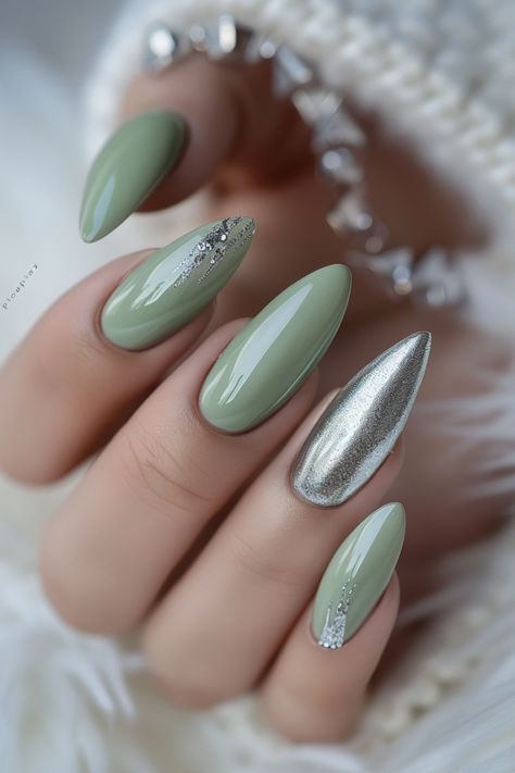 Glam Up With 19 Trendy Sage Green & Silver Nail Ideas Simple Sage Green Nails, Green And Silver Nails Acrylic, Silver Green Nails, Green Nails With Silver, Green And Silver Nail Designs, Green Silver Nails, Sage Green Nail Polish, Green And Silver Nails, Sage Green Nail Ideas