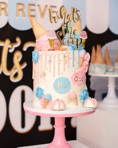 Gender Reveal Ice Cream Cake, Whats The Scoop Gender Reveal Cake, Whats The Scoop Gender Reveal Decor, Whats The Scoop Gender Reveal Ideas, What’s The Scoop Gender Reveal Diy, Rectangle Cakes, Candle Aisle, What's The Scoop Gender Reveal, Scoop Gender Reveal