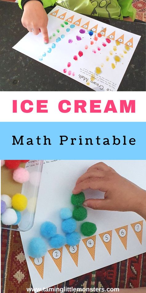 Free Ice Cream Math Printable for Preschoolers. A great STEM activity for kids to try this summer. #summer #math #preschool #kindergarten #freeprintable Summer Food Preschool Craft, Should I Share My Ice Cream Activities Preschool, Ice Cream Counting Activity, Summertime Theme Preschool, Math Ice Cream Activities, Math Projects Preschool, Prek Math Center Ideas, End Of Summer Preschool Theme, Ice Cream Numbers Free Printable