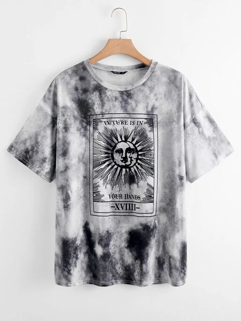 Plus Drop Shoulder Graphic Print Tie Dye Tee | SHEIN Camisa Tie Dye, Bershka Outfit, Tarot Card Shirt, Cool Shirt Designs, All I Ever Wanted, Tie Dye Shirts, Tshirt Outfits, Tie Dye T Shirts, Printed Ties