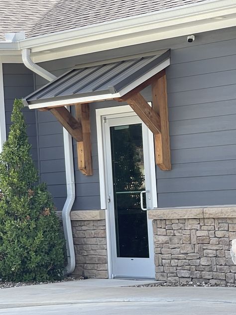 Wood Awning Over Door Front Door, Garage Portico, Door Canopy Modern, Diy Door Canopy, Entry Vestibule, Window Pergolas, Pecan Log, Awning Over Door, Front Door Overhang