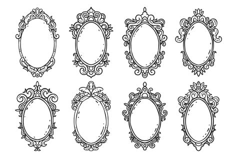 Victorian Oval Frame, Frame Border Tattoo, Antique Frame Tattoo Design, Vintage Picture Frames Drawing, Elegant Frame Design, Victorian Frame Illustration, Oval Tattoo Ideas, Vintage Frame Tattoo Design, Victorian Border Design