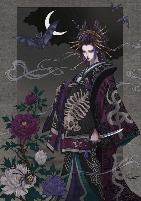 Japanese Sorcerer, Yokai Oc, Japanese Vampire, Japanese Oc, Japanese Witch, Japanese Geisha Art, Geisha Drawing, Geisha Kimono, Japanese Yokai