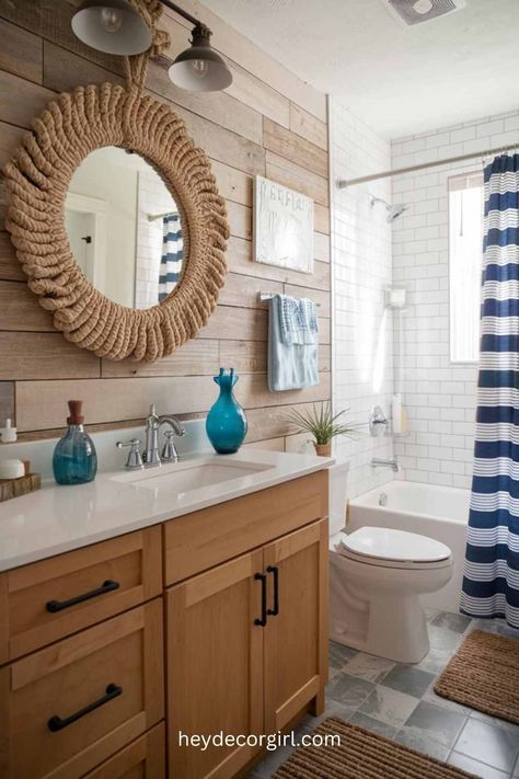 25 Best Coastal Guest Bathroom Ideas - Hey Decor Girl [Latest Trending Decor Design Ideas] Surfer Bathroom Decor, Surfer Bathroom, Coastal Guest Bathroom, Beach Inspired Bathroom, Guest Bathroom Ideas, Coastal Bathroom, Coastal Bathrooms, Bathroom Walls, Guest Bathrooms