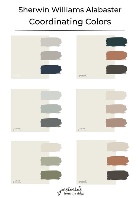 Sherwin Williams Alabaster SW7008 Coloration Palettes and Assessment- #Alabaster #Color #Palettes #Review #Sherwin #SW7008 #Williams Check more at https://howcandothis.com/homedecoration/sherwin-williams-alabaster-sw7008-coloration-palettes-and-assessment/ Alabaster Sherwin Williams Trim Color, What Colors Go With Alabaster Sherwin Williams, Interior Color Schemes Sherwin Williams, Boho Farmhouse Paint Colors Sherwin Williams, What Color Goes With Alabaster, Paint Colors With Alabaster, Alabaster White Color Scheme, All Over House Wall Color, Sherwin Williams Alabaster Palette