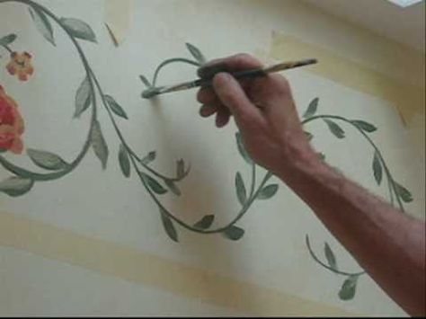 Handpainted Border Design, via YouTube. Painted Vines On Wood, Painting Vines And Leaves, Painting Vines And Flowers Easy, Painted Wall Borders, Painted Vines, Dyi Painting, Technical Video, Vine Border, Wall Borders