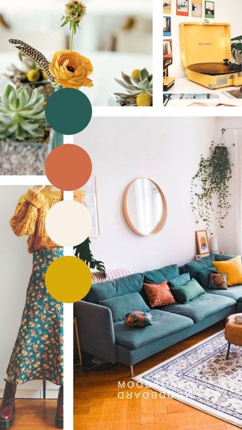 Modern And Colorful Decoration Ideas 2023 | Home Decor Designs Teal And Mustard Decor, Teal Mustard Living Room, Teal Mustard Orange Living Room, Teal Peach Yellow Color Scheme, Teal Yellow Green Color Palette, Turquoise Orange Living Room, Fun Wallpaper Living Room, Teal Orange Yellow Living Room, Orange And Teal Aesthetic Living Room