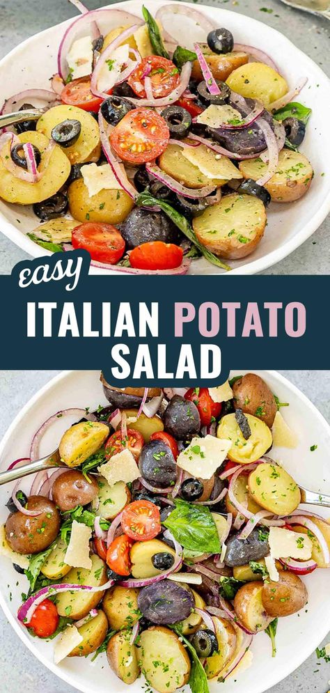 This Italian Potato Salad is a must-try! Packed with tender baby potatoes, juicy cherry tomatoes, and fresh herbs, it’s the perfect summer dish. #ItalianRecipe #PotatoSalad #SummerSalad #FreshHerbs #EasyRecipes Italian Potatoes Salad, Sicilian Potato Salad, Summer Clean Eating, Cold Dish Recipes, Different Types Of Salads, Italian Potato Salad Recipe, Quick Potato Salad, Italian Potato Salad, Baked Bbq Ribs