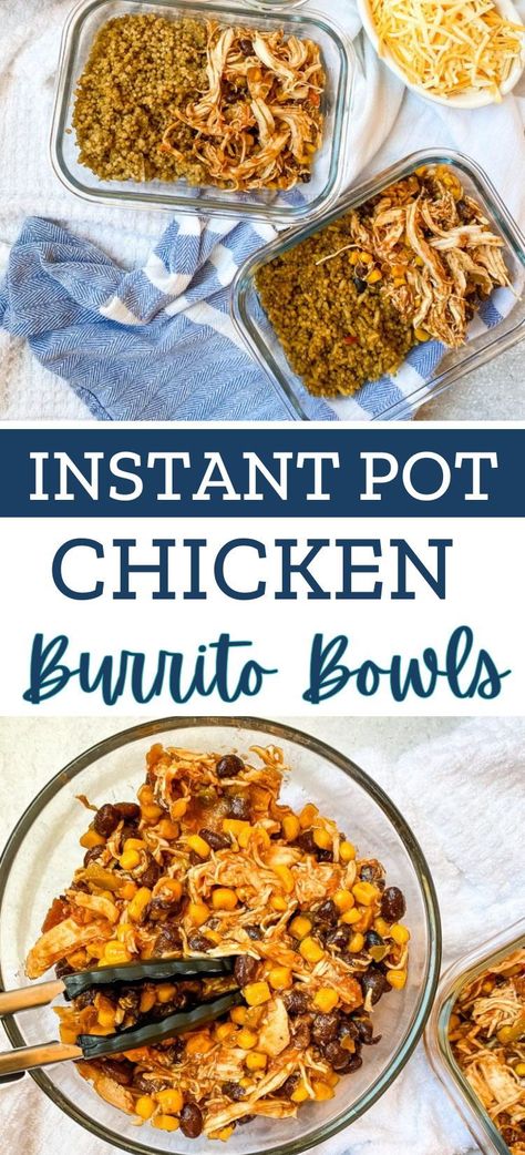 Instant Pot Chicken Burrito Bowls are an easy to make healthy meal that's so customizable! Top with your favorite toppings - like cheese, guacamole, rice, or tortilla chips - and you have a complete meal! Chicken Burrito Bowl Instant Pot, Burrito Bowl Chicken, Instant Pot Chicken Burrito Bowl, Bowl Chicken, Chicken Burrito Bowls, Healthy Instant Pot, Chicken Burrito, Chicken Burrito Bowl, Drink Inspiration