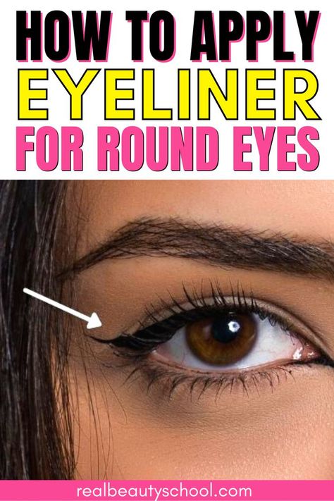 How to make your round eyes look more elongated with these easy makeup tips and tricks for round eyes! by a pro Makeup artist - best eyeliner for round eyes - how to apply eyeliner for round eyes - eye makeup tips and tricks for round eyes - easy eyeliner tips for round eyes - round eyes eye makeup tutorial step by step with pictures How To Elongate Round Eyes, Best Makeup For Round Eyes, Best Eyeliner For Round Eyes, Round Eye Makeup Tutorial, Eyeliner For Round Eyes Tutorials, Eye Makeup For Round Eyes Tutorial, Eye Make Up For Round Eyes, Eyeliner For Round Eyes Shape, Make Up For Rounded Eyes