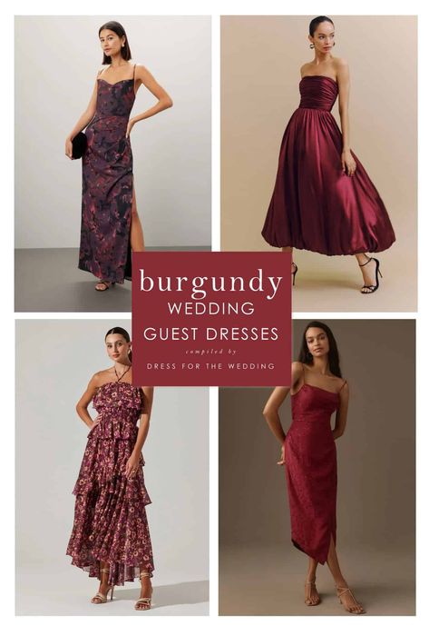 collage featuring 4 images or burgundy dresses on models: one long gown, one strapless satin midi, one halterneck floral maxi dress, red slip midi. Burgundy Dress Accessories Wedding Guest, Jewelry For Wine Colored Dress, Burgundy Cocktail Dress Classy, Burgundy Dress With Silver Jewelry, Burgundy Wedding Dress Guest, Burgundy Fall Dress, Wine Dress Outfit Wedding, Semi Formal Fall Wedding Guest Dress, Burgundy Dress Outfit Wedding Guest