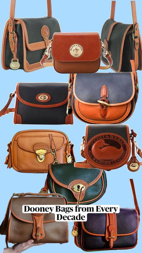 A collage of Dooney and Bourke designer handbags from the 80s, 90s, 00s and today Dooney Bourke Handbags Vintage, Dooney & Bourke Bags Vintage, Dooney Bourke Handbags Outfits, Vintage Dooney Bourke Handbags, Thrift List, Vintage Dooney And Bourke, Handbag Outfit, Italian Shoes, Dooney And Bourke