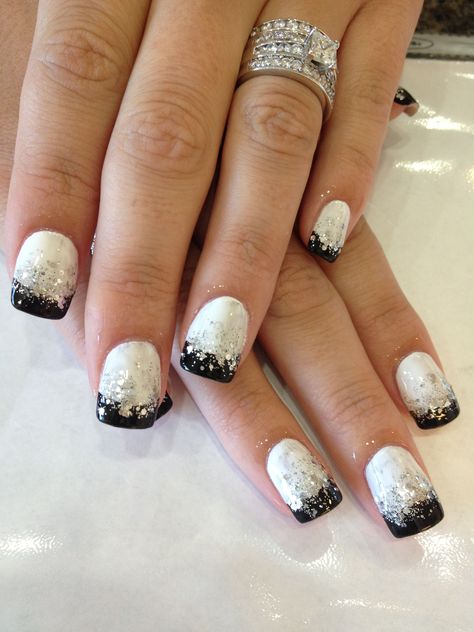 Black Tie Nail Designs, Black Tie Affair Nails, Nails For Black Tie Wedding, White Nails Black Tips, Black Tie Nails Classy, Black Tie Nails, Jan Nails, Black And White Nail, Planet Nails