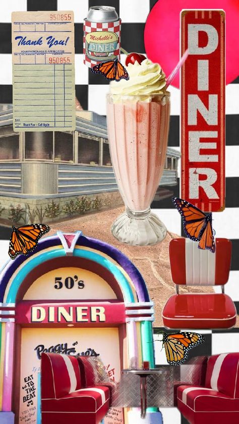 #retro #butterflies #diner #50s Diner Menu 50's, Diner Graphic Design, 50s Moodboard, 50s Diner Aesthetic, 1950s Restaurant, 50s Diner Party, 50s Food, Retro Diner Decor, Retro Moodboard