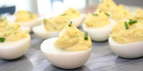 Mimosa Eggs Recipes | Food Network Canada Shrimp Deviled Eggs, Healthy Deviled Eggs, Spicy Deviled Eggs, Fried Deviled Eggs, Deviled Eggs Recipe Easy, Deviled Eggs Easy, Classic Appetizers, Food Network Canada, Deviled Eggs Recipe