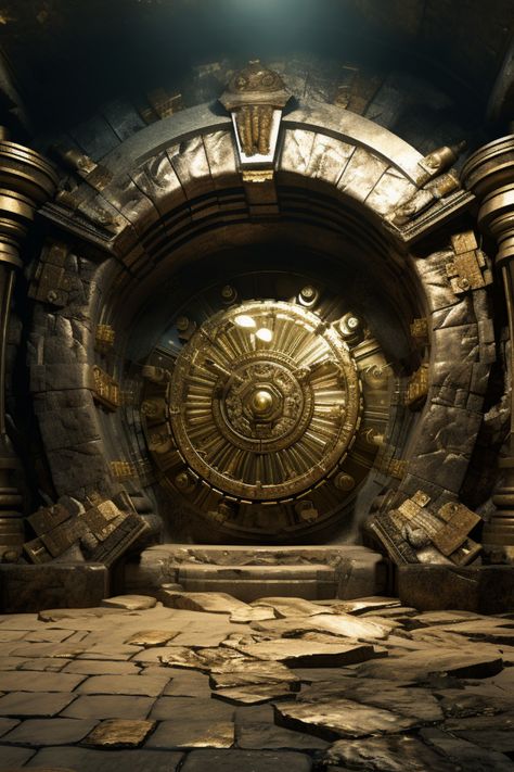 Try this in Midjourney : imagine a vault filled with gold bars and jewels. The vault is ancient stone and mystical in appearance. The vault has one entrance and one exit. The style is in old renaissance. Fantasy Vault Art, Fantasy Stone City, Fantasy Vault, Stone Concept Art, Room Of Requirement, Magic Steampunk, Gold Vault, Stone City, Ancient Jewels