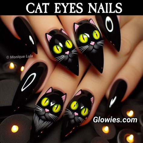 Black Cat Nails Design, Halloween Nails Cat, Cat Halloween Nails, Cat Nails Design, Black Cat Nail, Black Cat Nails, Cat Nail Designs, Monique Lula, Eyes Nails