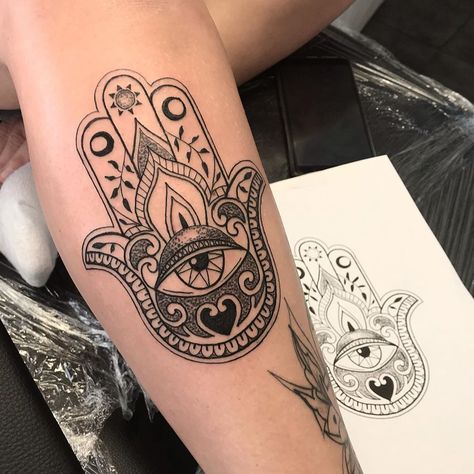 Haley on Instagram: “Hamsa hand for Sarah #hamsatattoo #tattoo #tattooideas #hamsa #legtattoo #spiritualphilosophy #protection #spirituality #artist…” Hamsa Tattoo Meaning, Vibe Tattoos, Panaji Goa, Hamsa Mandala, Hamsa Tattoo Design, Hamsa Hand Tattoo, Watch Tattoo Design, Faith Tattoo On Wrist, Dragon Tattoo Back Piece