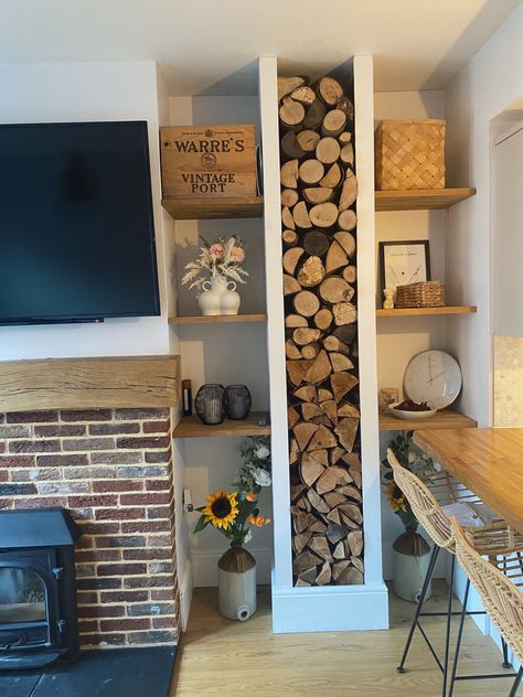 Fireplace Tv Wall Wood Storage, Log Storage Alcove, Fireplace And Wood Storage, Media Wall With Log Storage, Log Burner Storage, Log Store Next To Fireplace, Fireplace Built Ins With Wood Storage, Log Store Ideas Living Rooms, Alcove Log Store