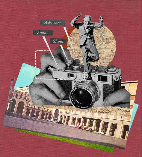 advance, focus & shoot by Sammy Slabbinck Sammy Slabbinck, Retro Collage, Collage Inspiration, Banner Design Inspiration, Digital Collage Art, Mixed Media Illustration, Collage Art Projects, Surreal Collage, Paper Collage Art