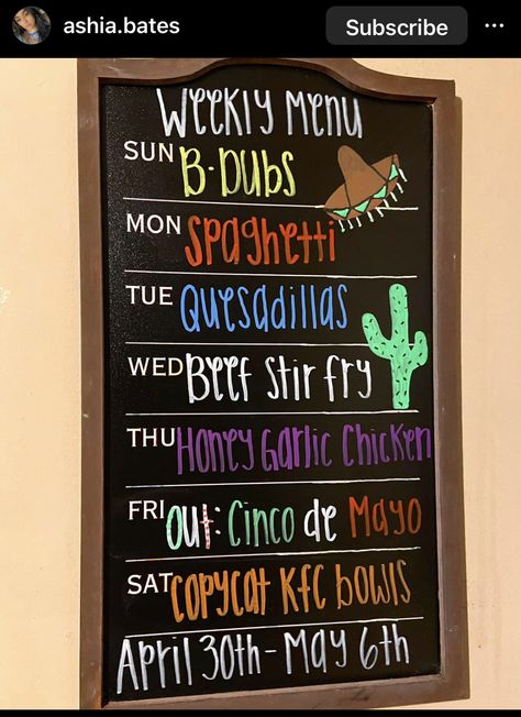 Chalkboard Menu Ideas, Menu Board Ideas, Chalkboard Menu Board, Weekly Menu Ideas, Weekly Menu Boards, Menu Calendar, Menu Board Design, Weekly Dinner Menu, Easy Toddler Meals