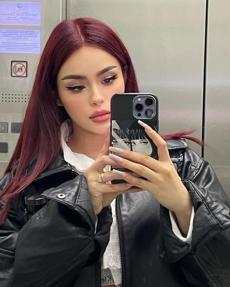 Hayley Bui Red Hair, Nails That Go With Red Hair, Hayley Bui Instagram, Hair Colors On Pale Skin, Shay Mitchell Red Hair, Nails For Red Hair, Makeup Looks For Red Hair, Burgandy Hair Color, Outfits With Red Hair