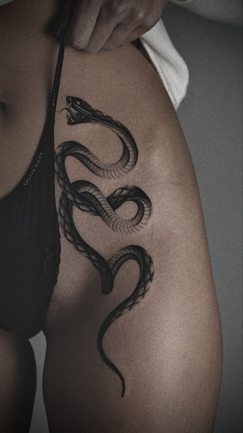 Viper Tattoos For Women, Dark Female Tattoos, Deathcore Tattoo, Snake Spine Tattoo, Cute Thigh Tattoos, Lower Leg Tattoos, Tattoo Snake, Wicked Tattoos, Hip Tattoos Women