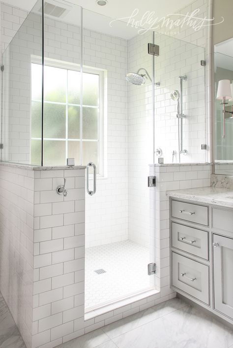 Bathroom Showers With Windows In Them, Shower Door Half Wall, Master Bath Shower With Half Wall, Shower Around Window, Bathroom With Low Window, Tiled Shower With Half Wall, Shower Near Window Solutions, Half Walled Showers, Shower Half Wall Next To Vanity