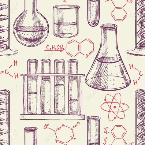 seamless background with chemical equipment and formulas. hand-drawn.. Chemical Illustration, Chemistry Drawing, Science Pattern, Science Symbols, Science Drawing, Chemistry Art, Scientific Drawing, Science Illustration, Doodle Inspiration