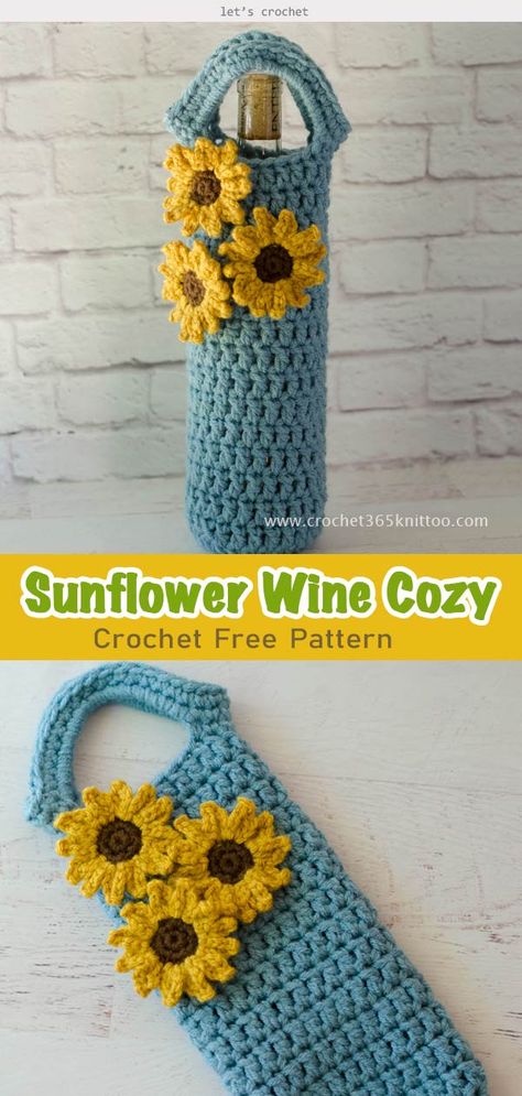 Sunflower Wine Cozy Free Crochet Pattern #letscrochetfreepattern #easycrochetpattern #crochetcozy Crochet Wine Cozy Pattern Free, Wine Cozy Crochet Pattern, Crochet Wine Cozy, Wine Cozy, Crochet Wine, Bottle Cozy, Crochet Puff Flower, Quick Projects, Sunflower Crochet