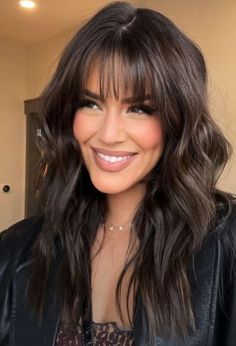 Bangs With Long Dark Hair, Bangstyle Hair Long Dark Brown, Dark Brown Medium Length Hair With Bangs, Dark Brown Balayage With Bangs, Working Out With Bangs, Long Chocolate Brown Hair With Bangs, Long Brown Hair With Bangs Round Face, Long Hair Heavy Bangs, Mid Length Hair And Bangs