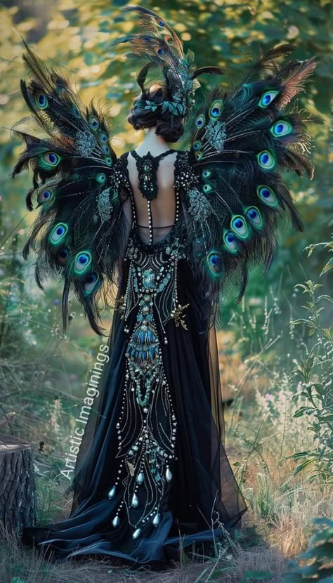 Peacock Masquerade Dress, Peacock Burlesque Costume, Peacock Theme Dress, Peacock Costume Women's, Bird Inspired Outfit, Peacock Clothes, Demon Fashion, Black Fairy Dress, Peacock Outfit