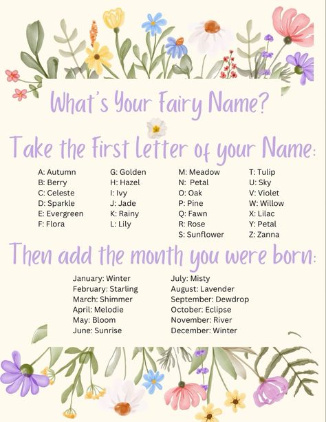 What Is Your Fairy Name, What’s Your Fairy Name, Fairy Party Games Activities, Fairy Garden 5th Birthday Party, Fairy 6th Birthday Party, Fairy Games For Party, Fairy First Birthday Party Decoration Diy, Fairy First Birthday Party Ideas, Fairy First Birthday Party Decoration