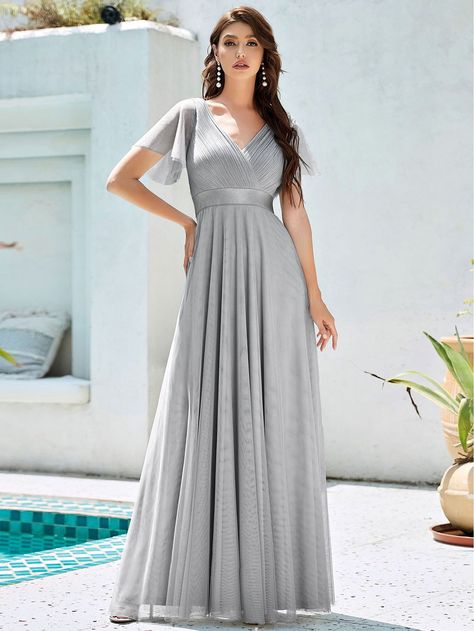 Gray Floor-length Gown For Prom Season, Gray Floor-length Gala Dress, Gray Floor-length Prom Season Gown, Floor-length Gray Dresses For Wedding, Elegant Gray V-neck Dress, Mesh Prom Dress, Short Sleeve Prom Dresses, Short Sleeve Bridesmaid Dress, Mesh Bridesmaids Dress