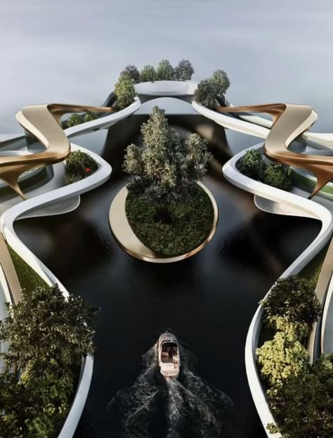 Landscape done by Miroslav Naskov. Absolutely breathtaking. I admire the color scheme, where its location is, and attraction while on a boat. Miroslav Naskov, Floating Gardens, Bridges Architecture, Water Architecture, Mind Design, Floating Architecture, Parametric Architecture, Architecture Concept Drawings, Landscape Architecture Design