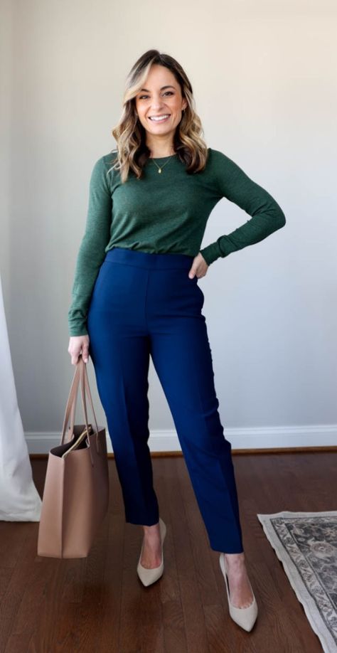 Chic Blue Office Pants, Mid-rise Blue Pants For Business Casual, Classic Blue Business Casual Work Pants, Blue Chinos For Business Casual, Spring Season, Mid-rise Blue Chinos For Work, Work Dinner Outfit, Office Outfits Women Casual, Classy Business Outfits, Interview Attire