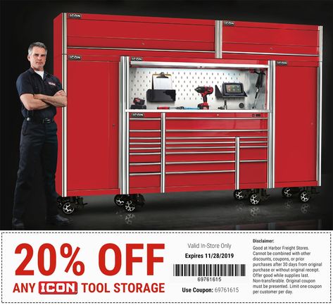 Tool truck quality. Unbeatable prices. Experience our new line of ICON tools and storage at a Harbor Freight location near you and save 20% off any ICON tool storage with coupon code 69761615, now through 11/28/19. Learn more here: https://bit.ly/33UnDj2 Icon Tool Storage, Harbor Freight Tool Box Ideas, Harbor Freight Tool Box, Key Icon, Tool Drawers, Harbor Freight Tools, Overhead Storage, Harbor Freight, Garage Ideas