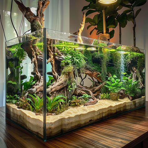 19 Unique Fish Tank Themes To Use In Your Aquarium! – Glass Box Diaries Ocean Theme Fish Tank, Black Water Tank, Fish Tank Themes Creative, Earthy Fish Tank, Betta Sorority, Dark Fish Tank, Black Aquarium, Aethstetic Fish Tank, Big Fish Tanks