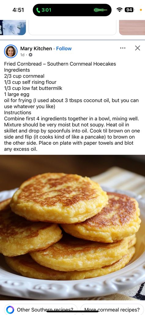 Fried Cornbread, Mary's Kitchen, Southern Cornbread, Cornbread Casserole, Self Rising Flour, Frying Oil, 4 Ingredients, Low Fat, Buttermilk