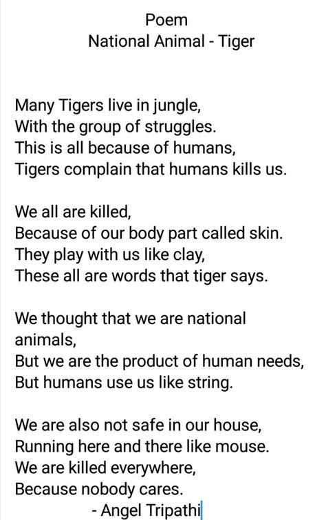 This poem tells about the struggles faced by a Tiger in jungle. 🐯 Tiger In Jungle, Ant Crafts, French Poems, Poetic Quotes, Poems In English, Save The Tiger, English Newspaper, Watercolor Tiger, English Newspapers