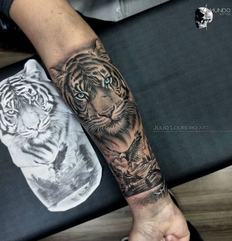 White Tiger Blue Eyes Tattoo, Tiger Tattoo On Thigh For Women, White Tiger Forearm Tattoo, Forearm Tattoo With Words, Tiger Tattoo Sleeve Forearm, Tiger Tattoo Design Forearm, Tiger Tatoos Men, Animal Tattoos For Men Sleeve, Tiger Tattoo Ideas For Men