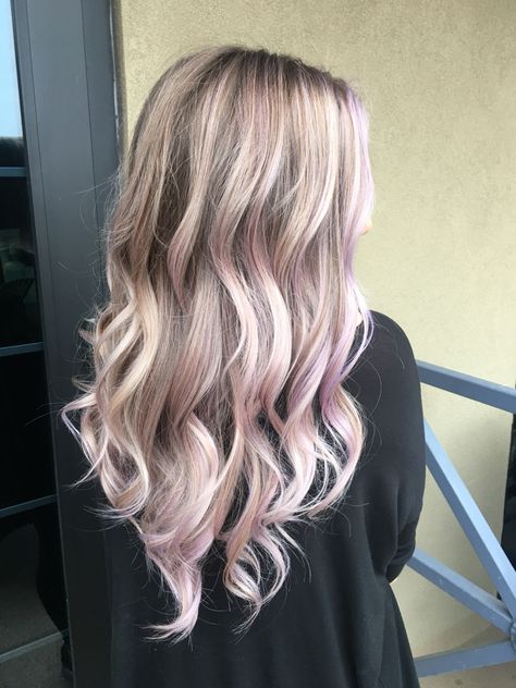 Lavender Babylights Hair, Purple Lowlights In Blonde Hair, Lavender Blonde Hair, Lavender Hair Highlights, Purple Highlights Blonde Hair, Dirty Blonde Hair With Highlights, Blonde Asian Hair, Pastel Purple Hair, Purple Balayage