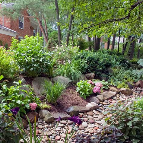 Creating a rain garden is one of the landscaping ideas that will filter runoff and protect the groundwater in your yard. This design is easier to execute with the help of this guide to making one in your own landscape. Rain Garden Design, Rock Flower Beds, Rain Gardens, Dry River, Rain Garden, Landscape Plans, Landscape Projects, Shade Garden, Rock Garden