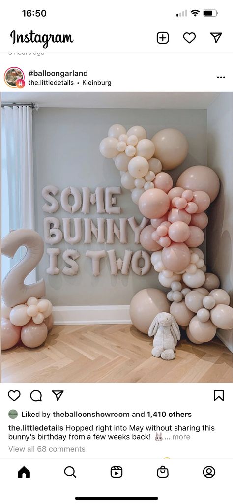 Spring 2nd Birthday Party For Girl, Some Bunny Is 2 Party, Bunny Balloon Decorations, Some Bunny Party, Balloon Garland Inspiration, Easter Themed First Birthday Party, Somebunny Is Turning Two, Bunny Balloon Garland, Bunny Theme 2nd Birthday Party