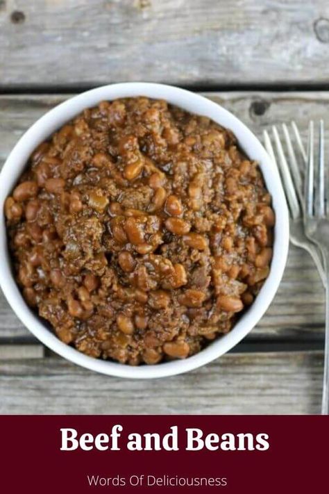 Beef and Beans an easy side dish that is made with canned baked beans and hamburger.  Eat as a side dish, but it is hearty and you may want to eat for a meal. #beefand beans, #wordsofdeliciousness Baked Beans With Hamburger, Baked Bean Casserole, Beef And Beans, Simple Baked Beans Recipe, Canned Baked Beans, Baked Beans Recipe, Ketchup And Mustard, Camp Food, Pork N Beans