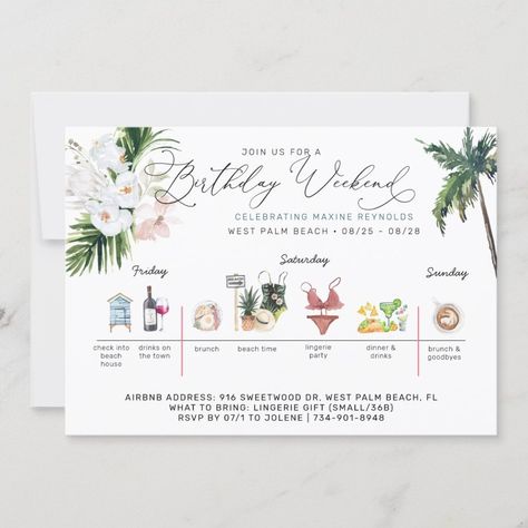 Birthday Weekend Itinerary  Palm Beach Invitation  Zazzle Destination Birthday Invitations, Destination Birthday Party, Birthday Weekend Itinerary, Fort Nite, Wedding Weekend Itinerary, Beach Invitations, Bachelorette Weekend Itinerary, Bridal Brunch Invitations, Bachelorette Party Planning