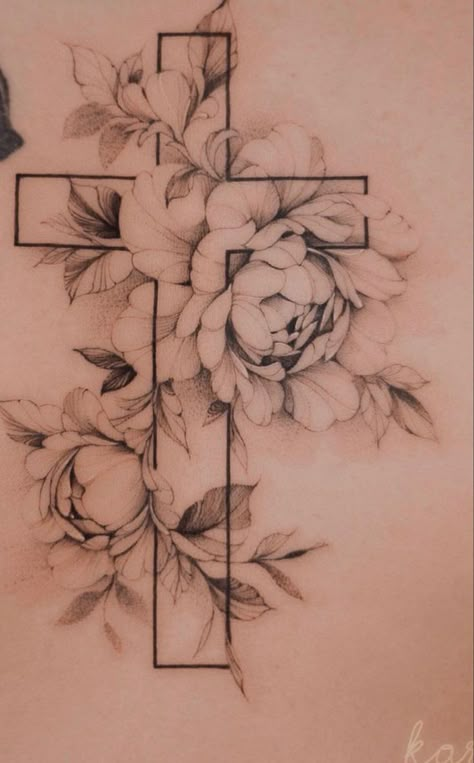 Cross With Flowers Tattoo For Women On Back, Floral Tattoo With Cross, Womens Cross Tattoo With Flowers, Cross And Floral Tattoo, Cross With Floral Tattoo, Floral Faith Tattoo, Flower Tattoos With Cross, Cross With Peonies Tattoo, Cross In Flowers Tattoo