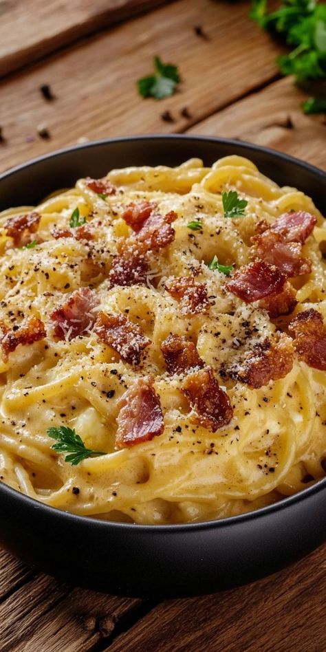 Indulge in this mouthwatering Creamy Italian Pasta Carbonara! 🍝 With perfectly cooked spaghetti enveloped in a rich and creamy sauce, topped with crispy bacon and a sprinkle of Parmesan, this dish is a winner for any occasion. Join me as I guide you through this delightful recipe that brings a taste of Italy straight to your kitchen! #Pasta #Carbonara #ItalianRecipes Bacon Spaghetti Carbonara, Creamy Bacon Carbonara Pasta, Prosciutto Carbonara Pasta, Pancetta Carbonara Pasta, Homemade Carbonara Pasta, Capellini Pasta Recipes, Artichoke Carbonara, Cabanara Pasta, Pappardelle Carbonara